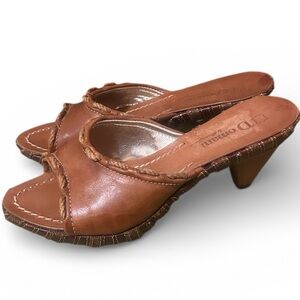 DOMANI Vintage Leather Open Toe Mule Chunky Heel,Prominent Canvas Rope Stitching